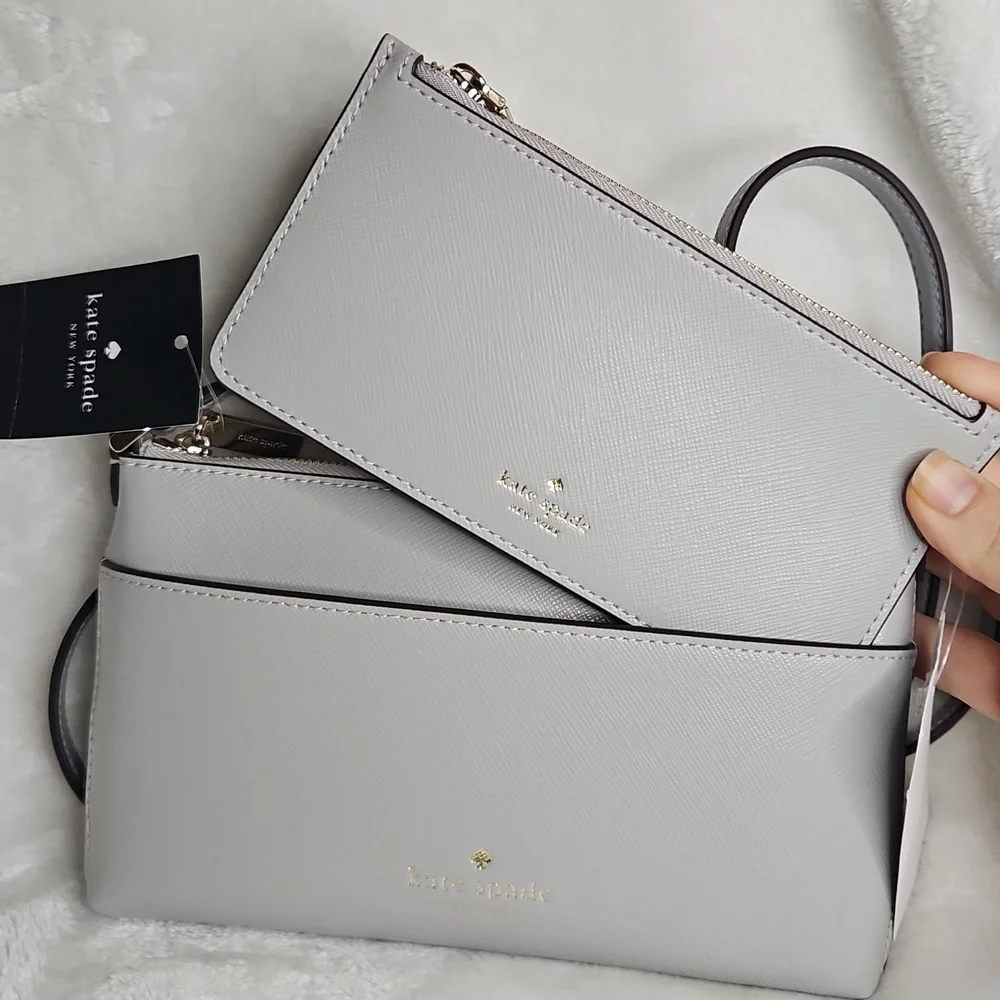 Kate Spade Sadie Crossbody Set Saffiano Leather Stone Path Gray Gold